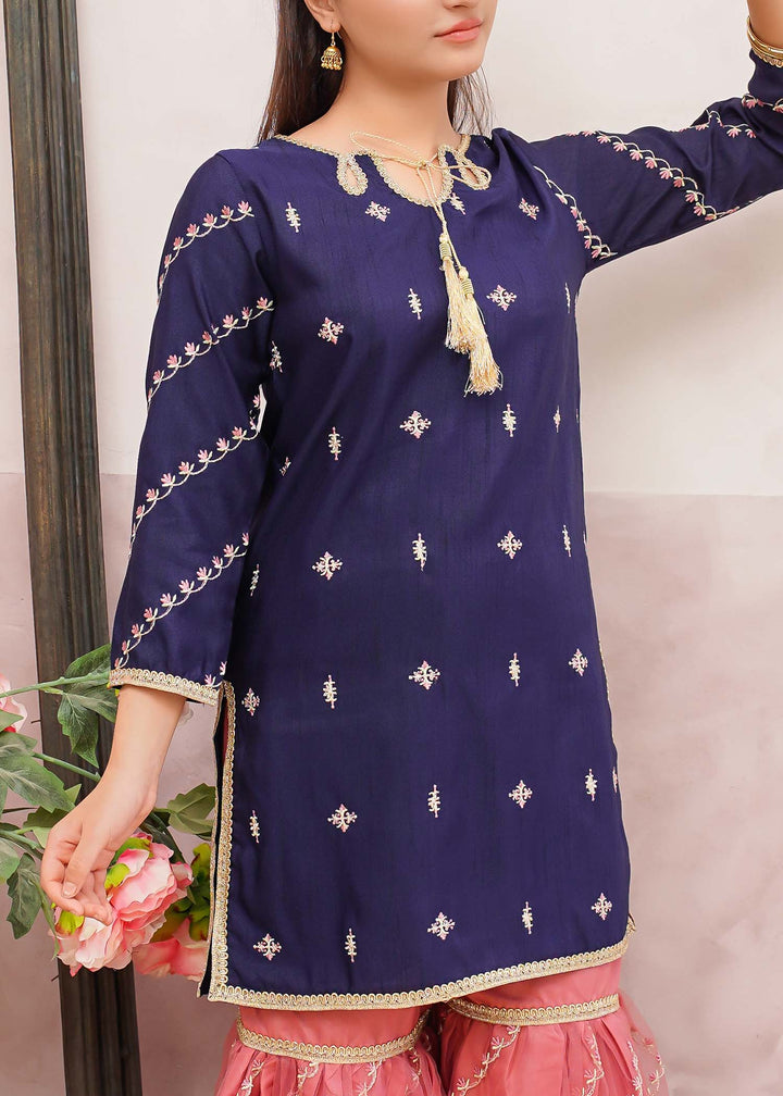 Modest - Rawsilk Embroidered Gharara For Girl - Blue - 3 Piece