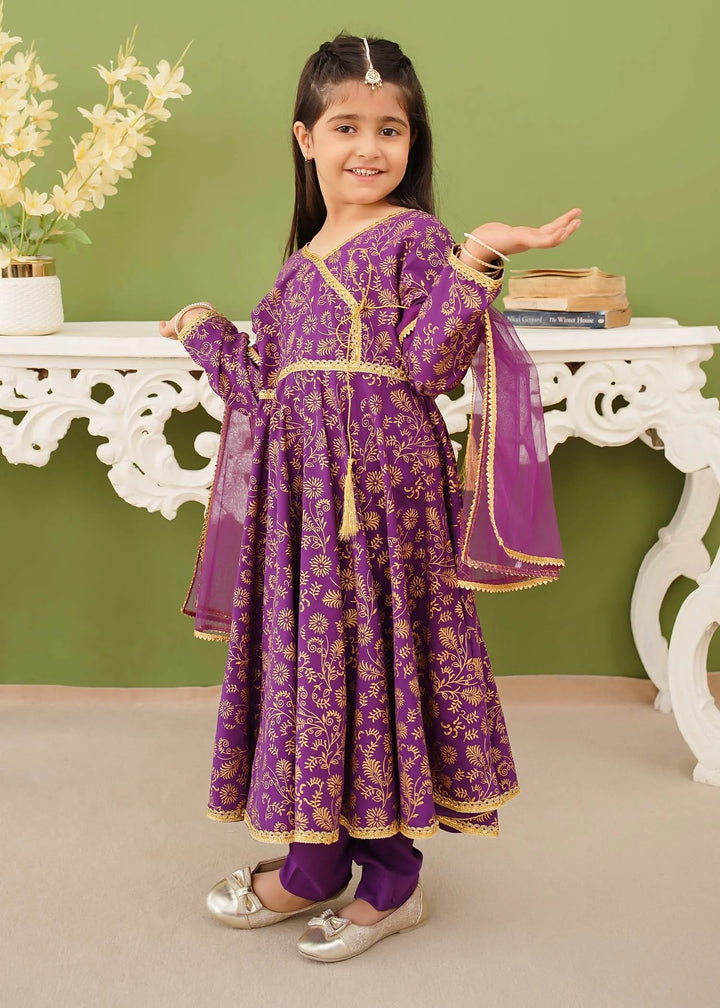 Modest - Cotton Printed Suit For Girl - Purple - 3 Piece