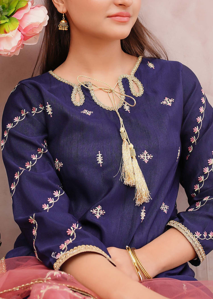 Modest - Rawsilk Embroidered Gharara For Girl - Blue - 3 Piece