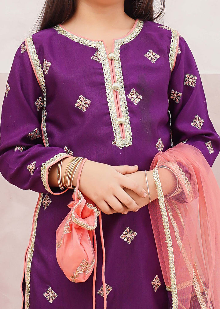 Modest - Rawsilk Embroidered Gharara Suit For Girl - Purple - 3 Piece
