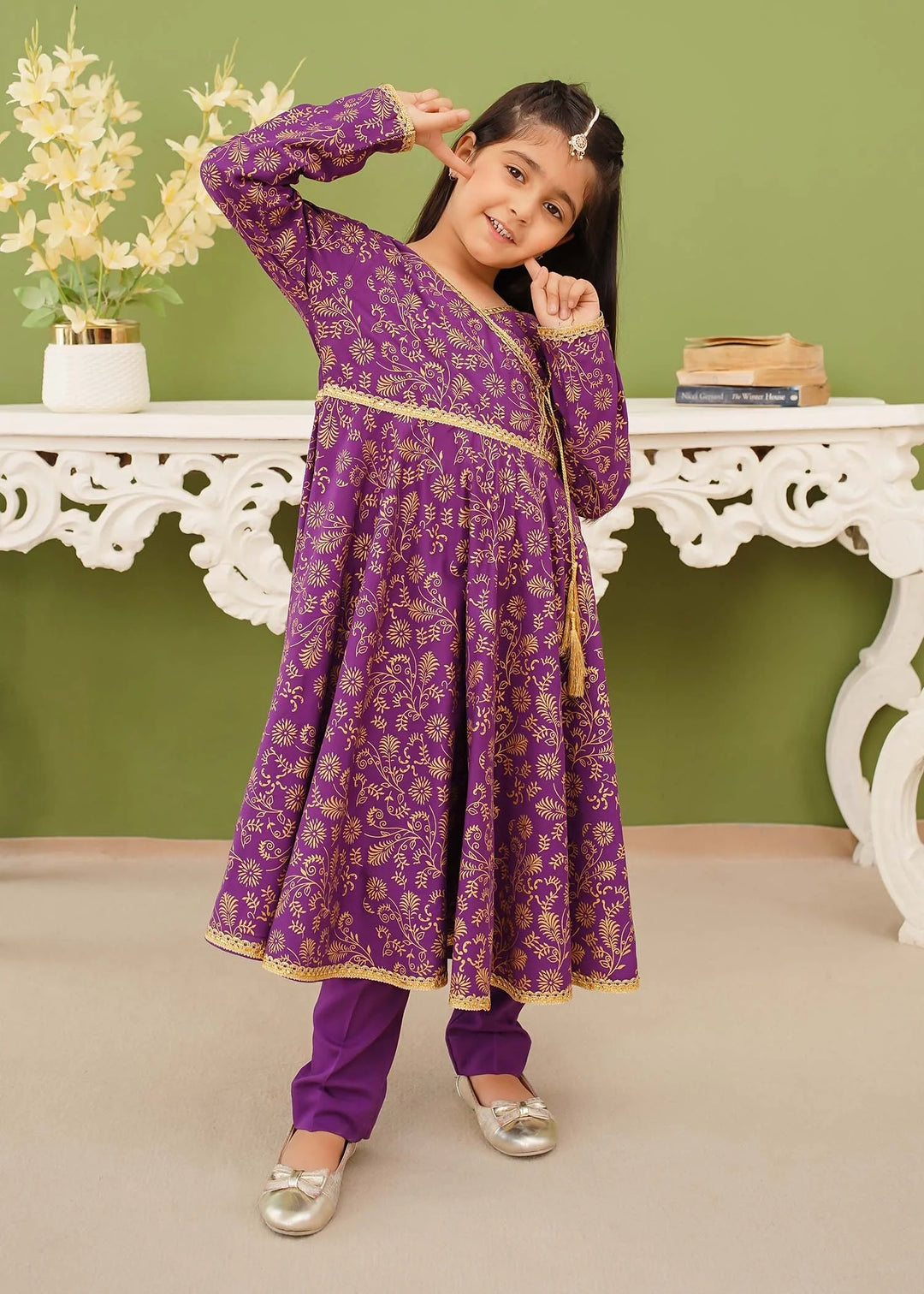 Modest - Cotton Printed Suit For Girl - Purple - 3 Piece