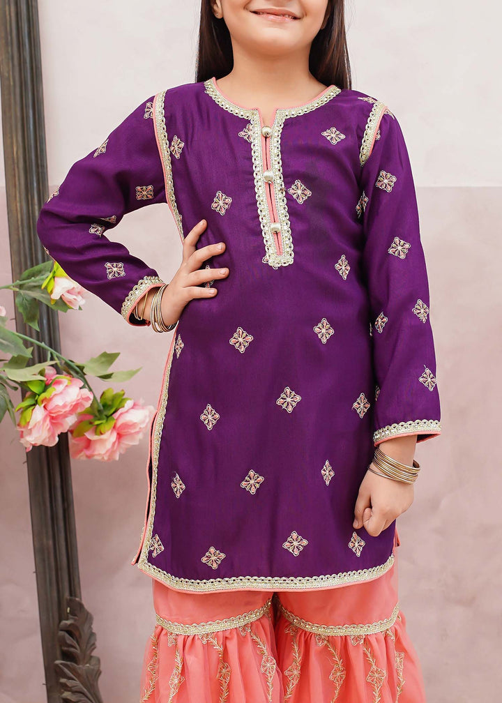 Modest - Rawsilk Embroidered Gharara Suit For Girl - Purple - 3 Piece