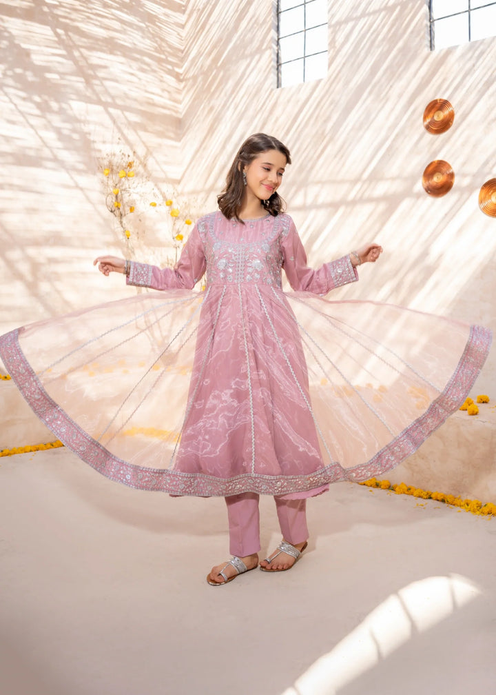 Modest - Tissue Pink Embroidered Frock For Girl - 3 Piece