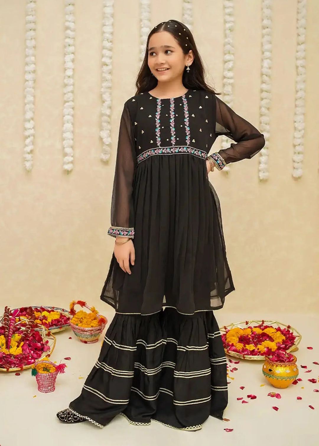 Modest - Chiffon Gharara For Girl - Black - 3 Piece