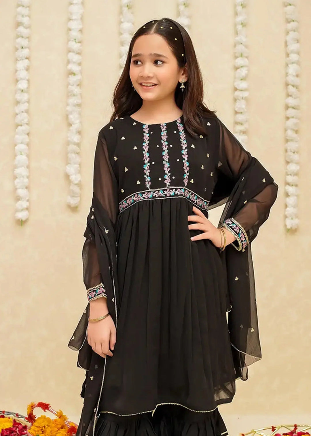 Modest - Chiffon Gharara For Girl - Black - 3 Piece