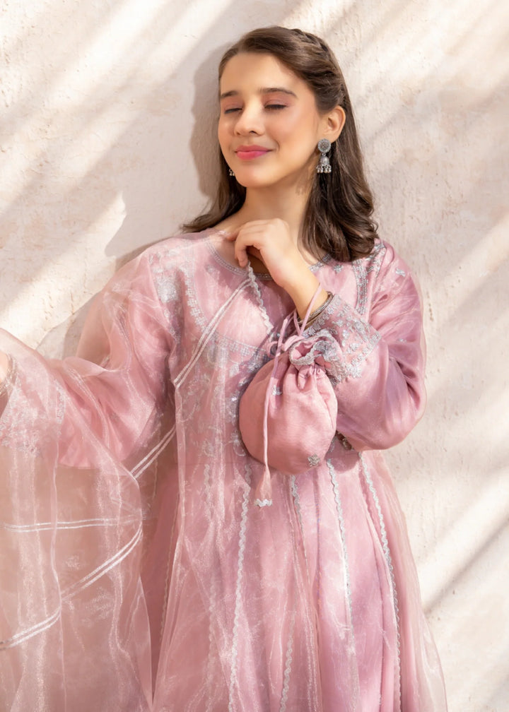 Modest - Tissue Pink Embroidered Frock For Girl - 3 Piece