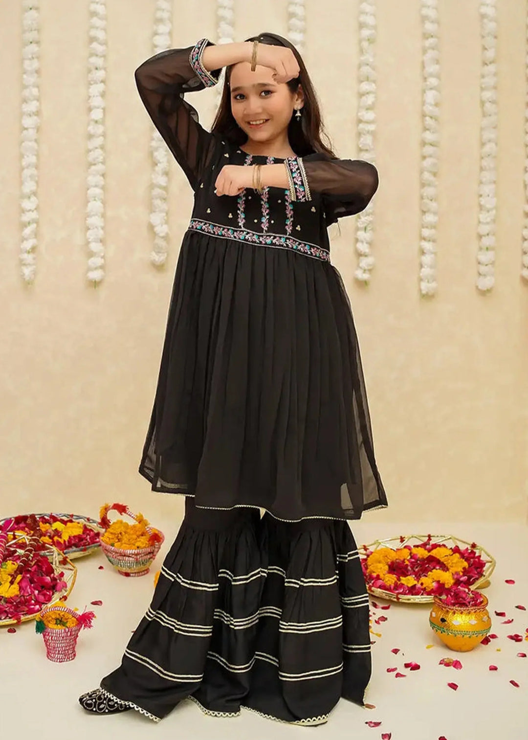 Modest - Chiffon Gharara For Girl - Black - 3 Piece