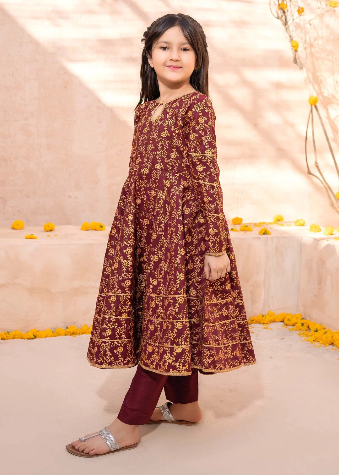 Modest - Rawsilk Printed Frock For Girl - Maroon - 3 Piece