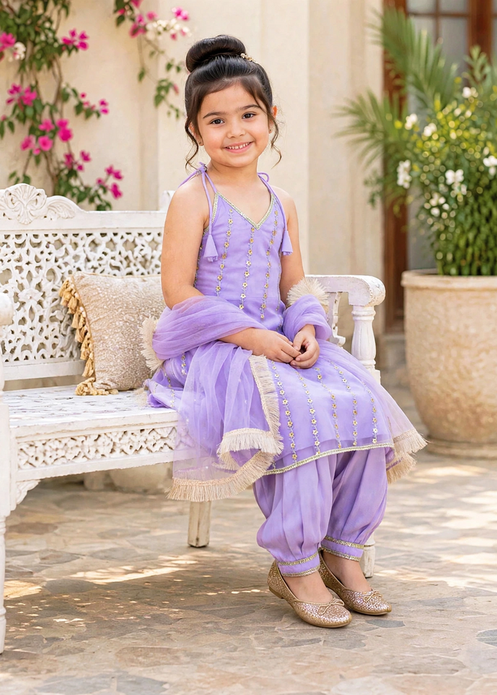 Modest 3 Piece Purple Net Embroidered Suit