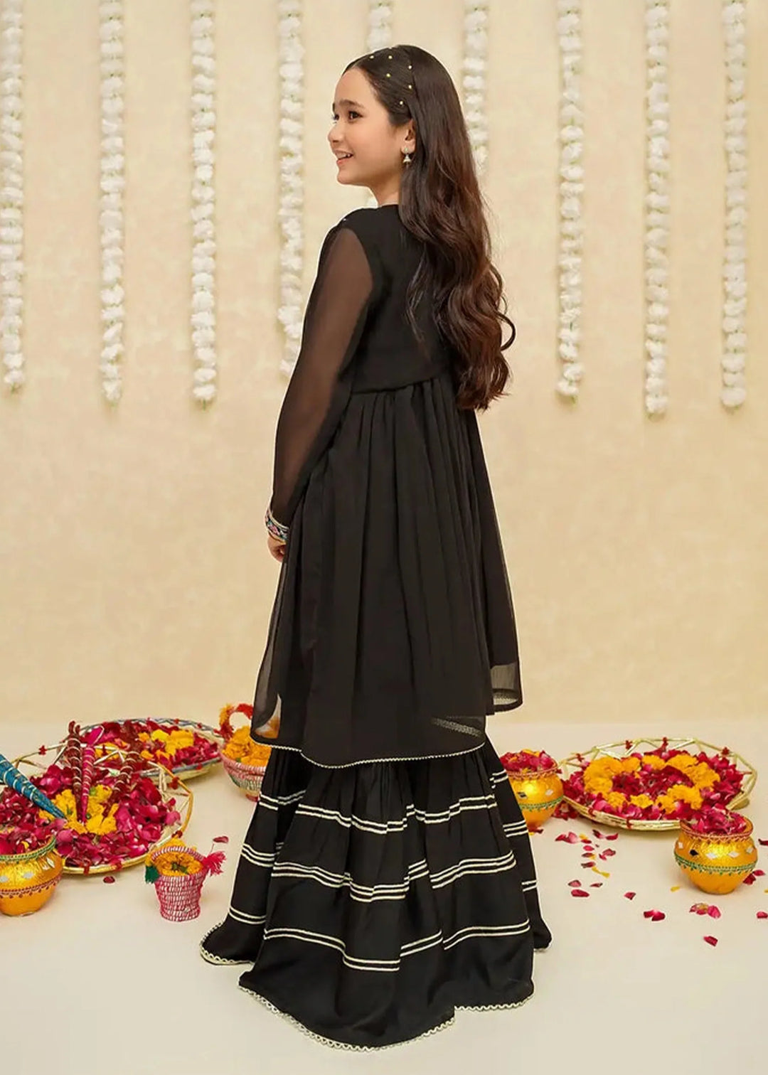 Modest - Chiffon Gharara For Girl - Black - 3 Piece