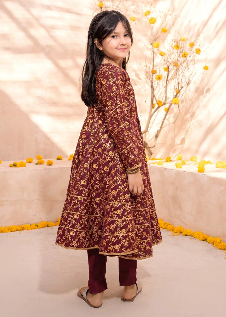 Modest - Rawsilk Printed Frock For Girl - Maroon - 3 Piece