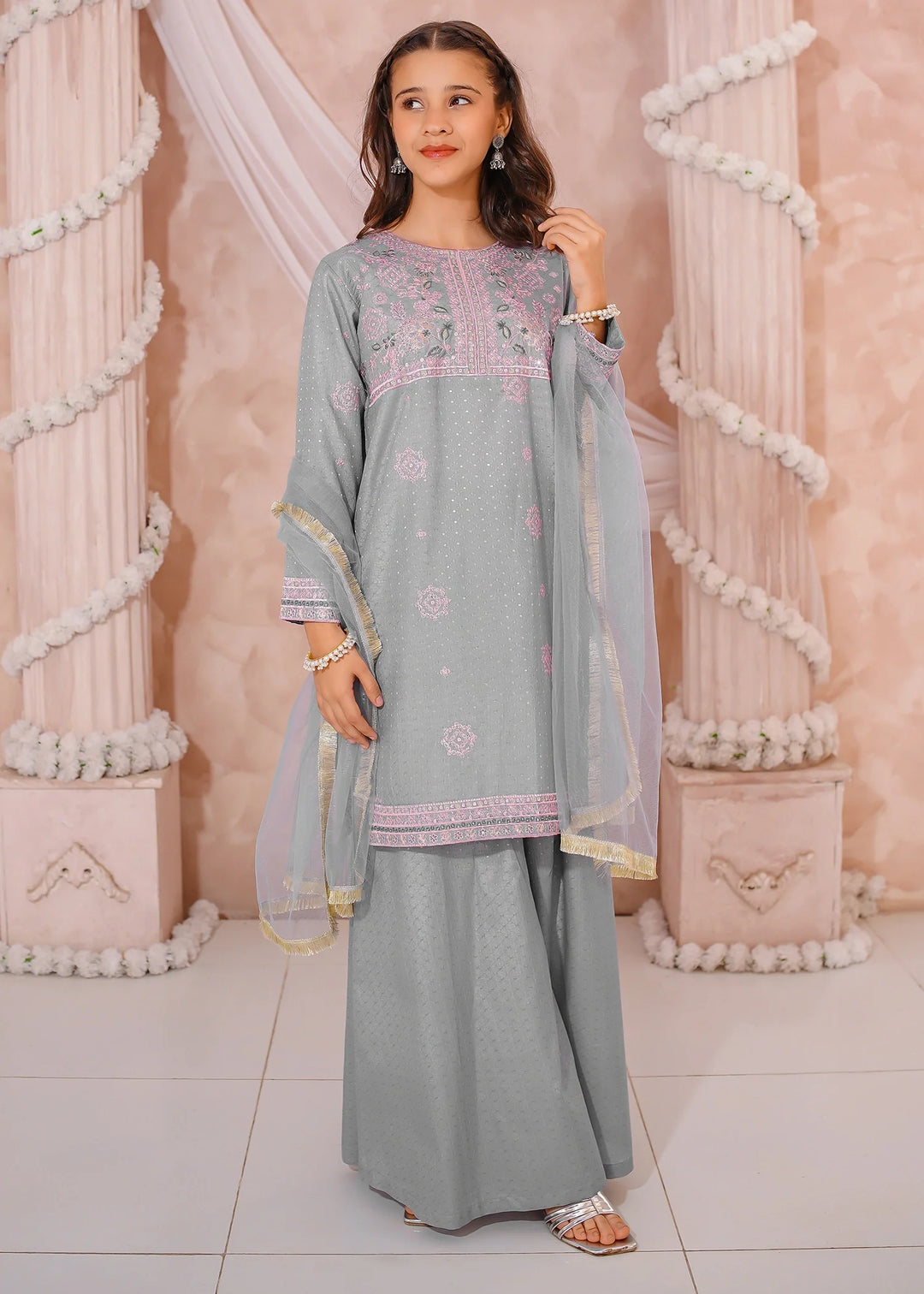 Modest - Cotton Lawn Embroidered Sharara For Girl - Grey - 3 Piece