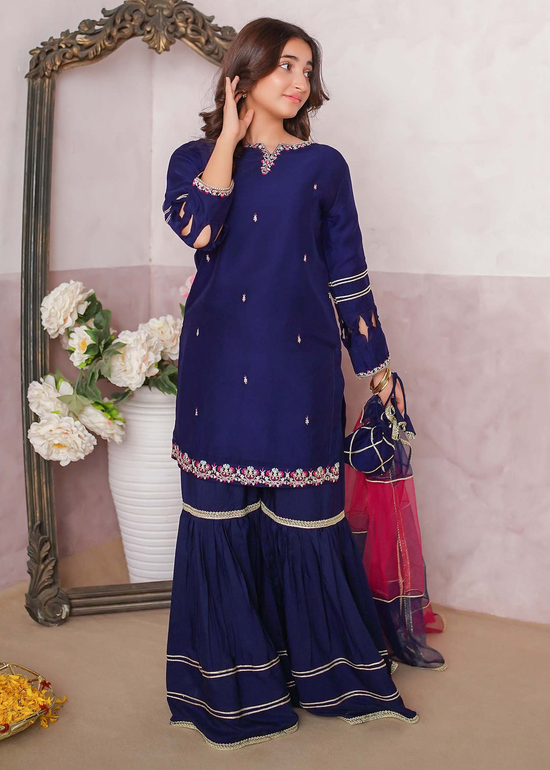 Modest - Chiffon Embroidered Gharara Suit For Girl - Blue - 3 Piece