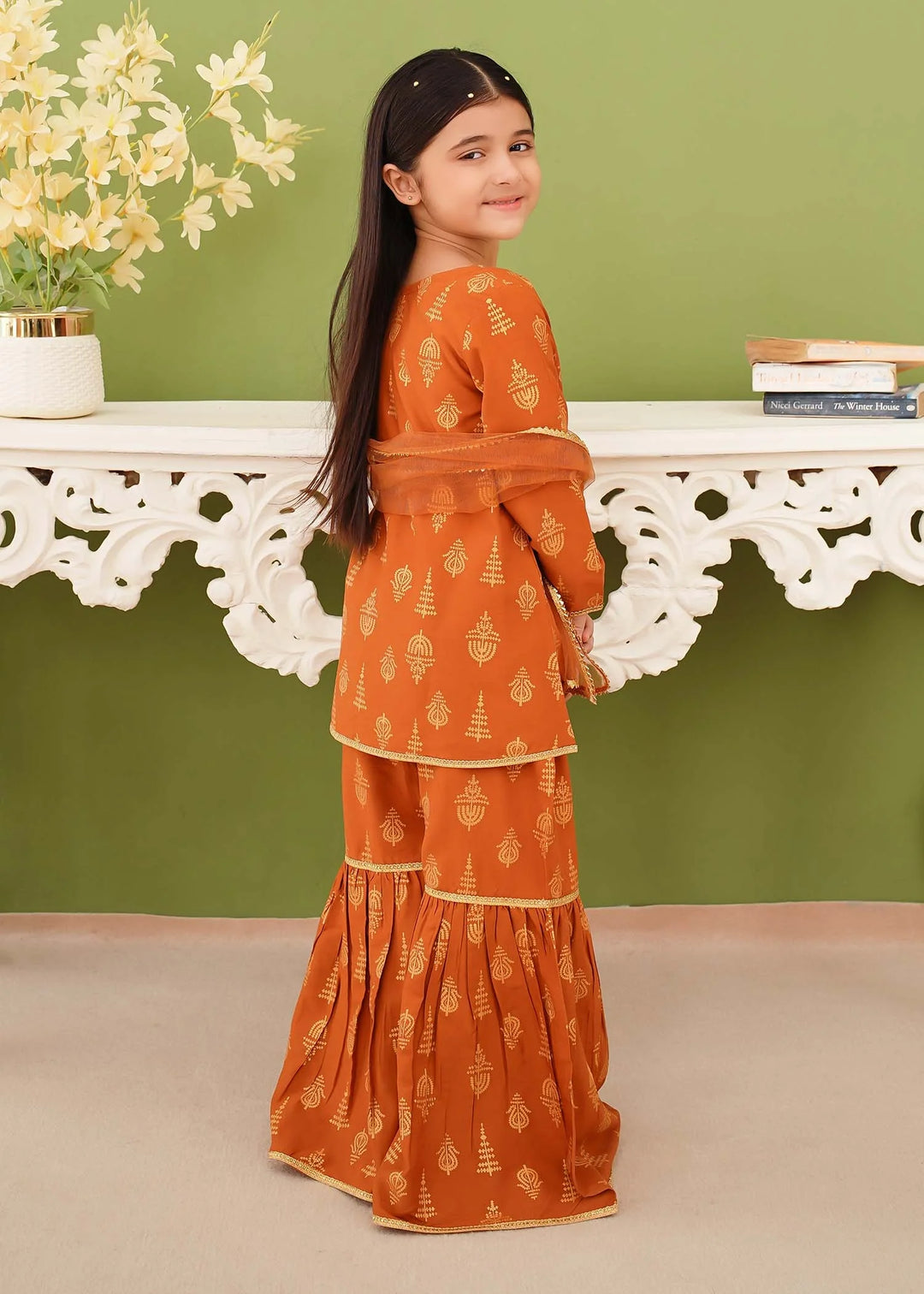 Modest - Cotton Printed Gharara For Girl - Mustard - 3 Piece