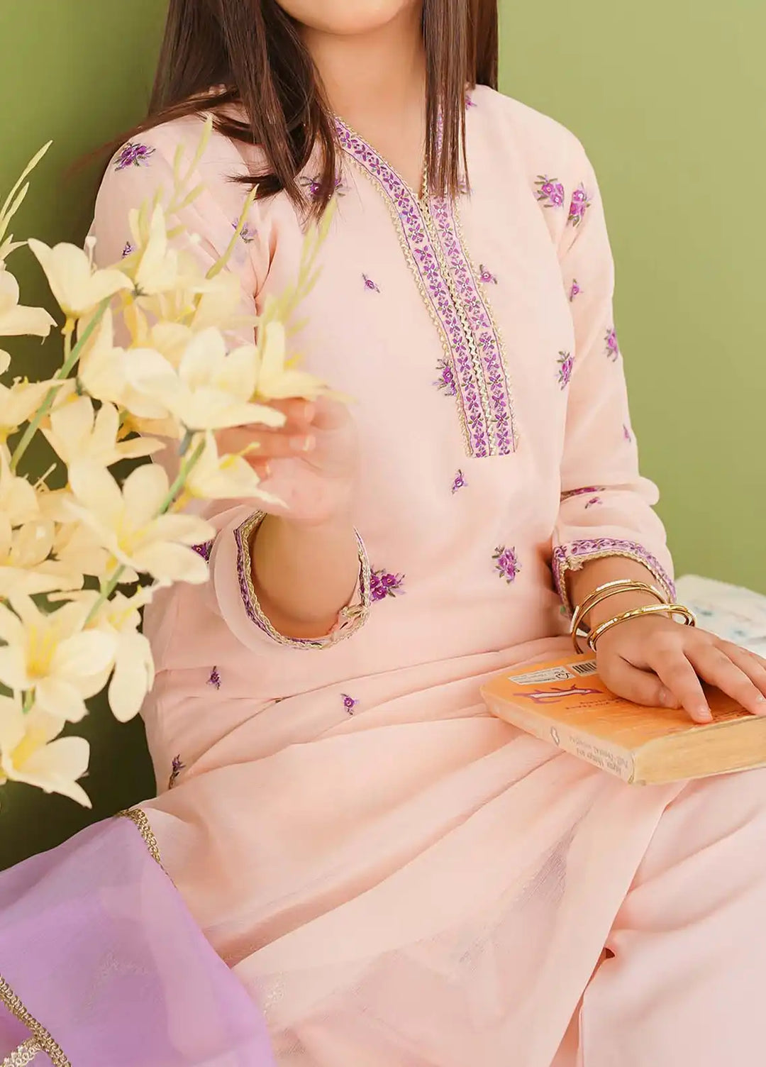 Modest - Chiffon Embroidered Suit For Girl - Peach - 3 Piece