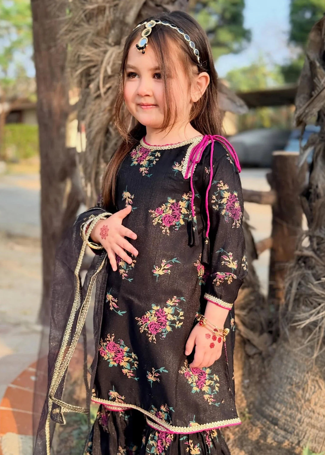 Modest - Printed Rawsilk Dress For Girl - Black - 3 Piece