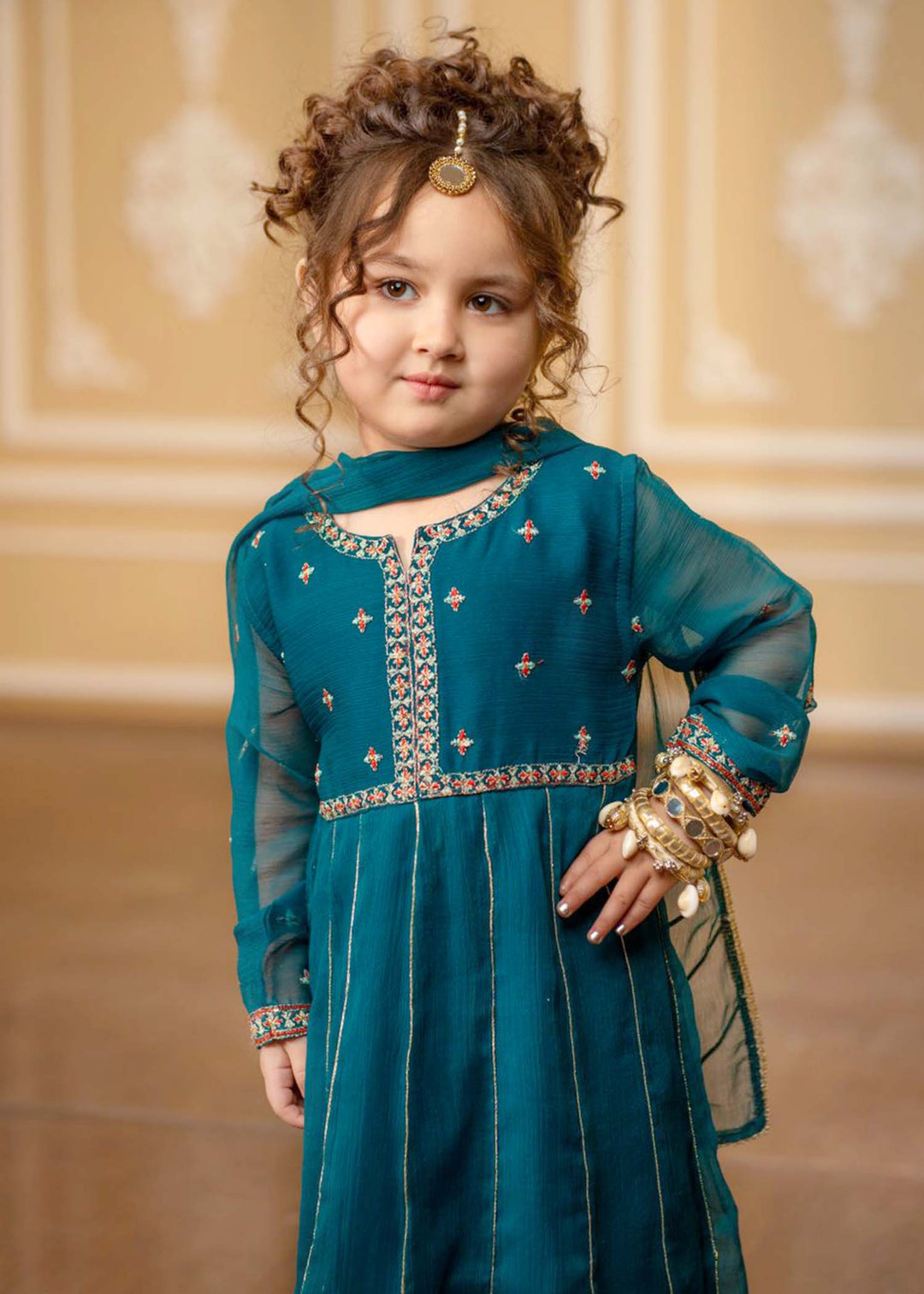 Modest - Embroidered Chiffon Suit For Girl - Teal Blue - 3 Piece