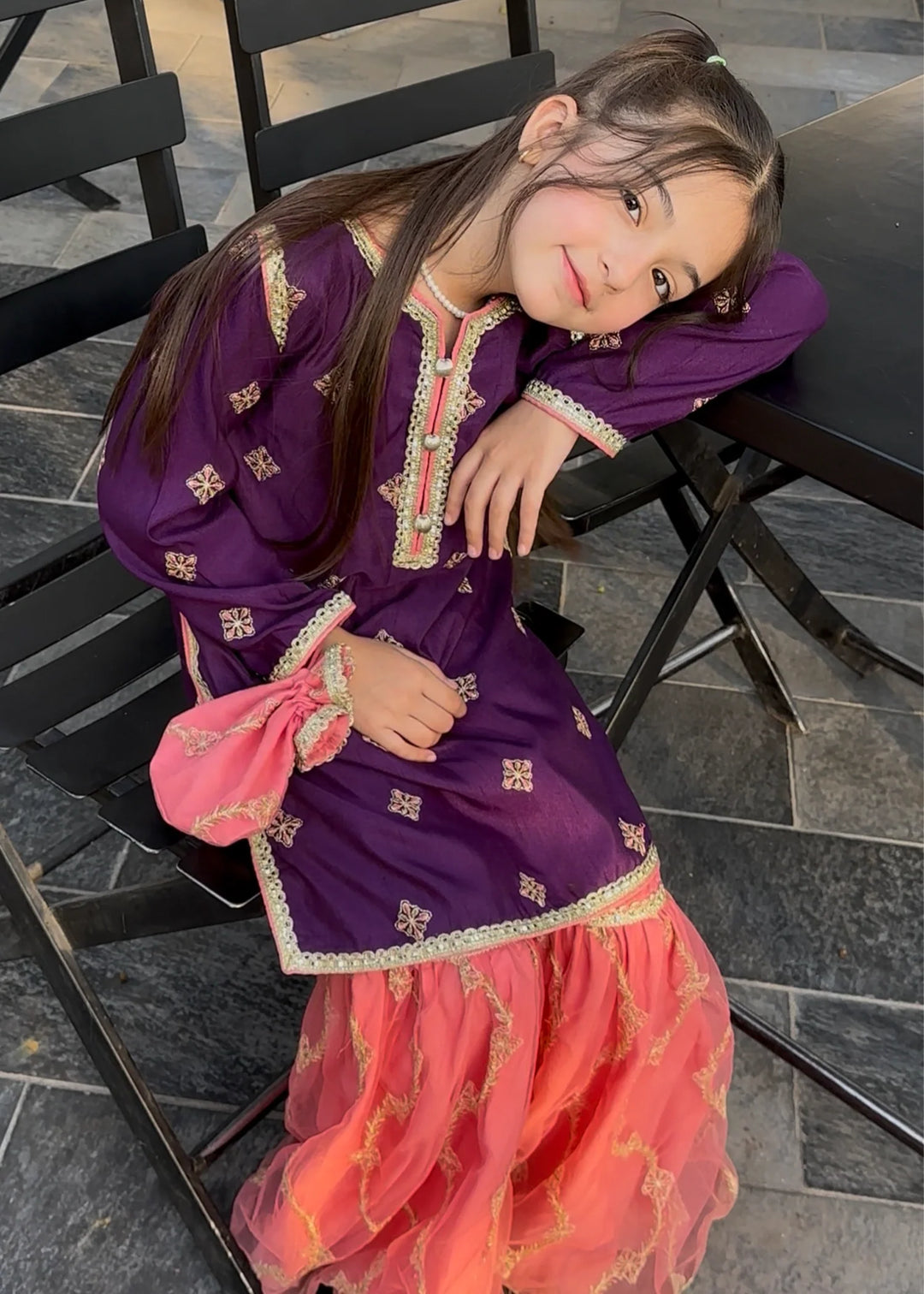 Modest - Rawsilk Embroidered Gharara For Girl - Purple - 3 Piece