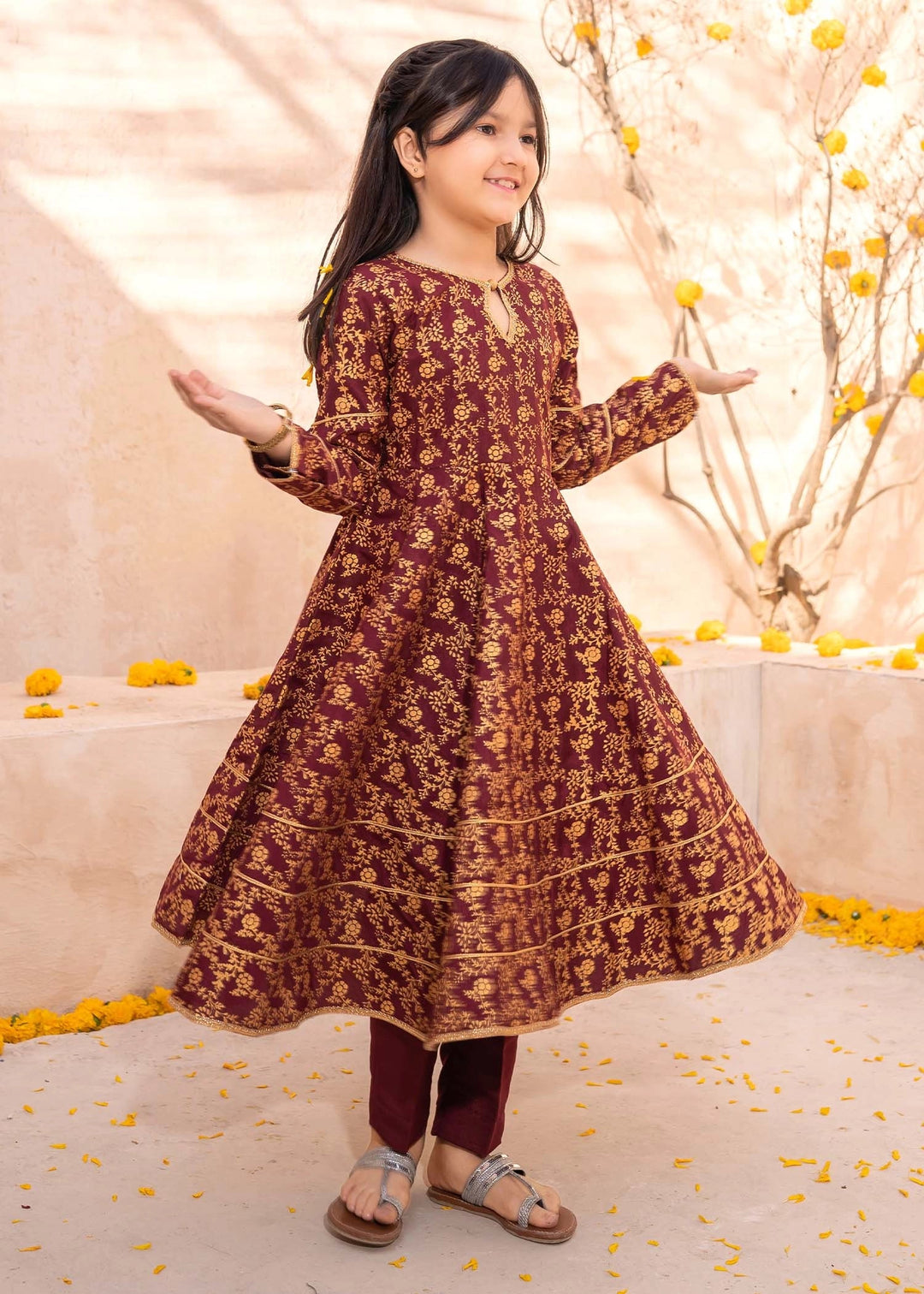 Modest - Rawsilk Printed Frock For Girl - Maroon - 3 Piece