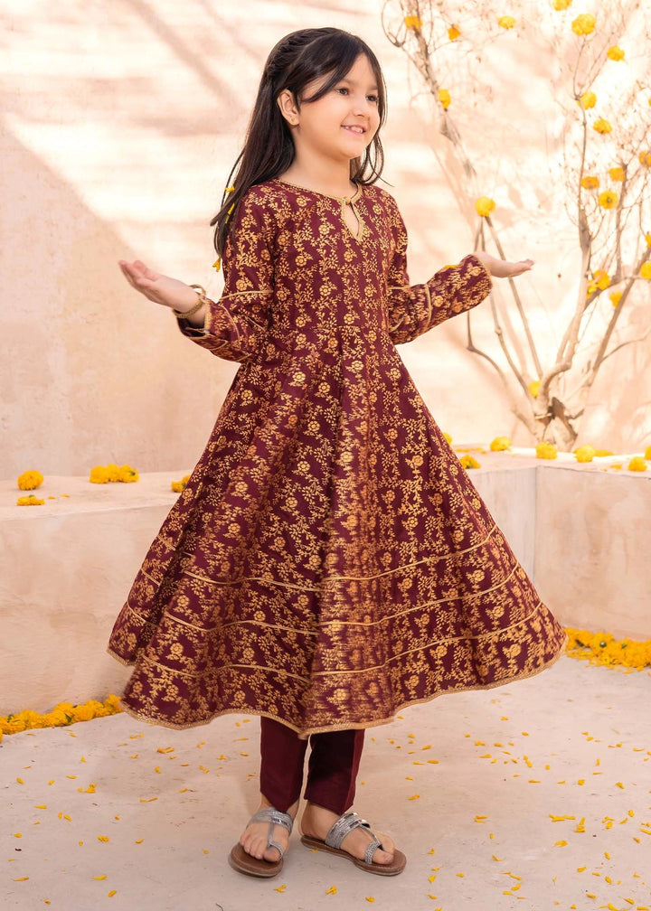 Modest - Rawsilk Printed Frock For Girl - Maroon - 3 Piece
