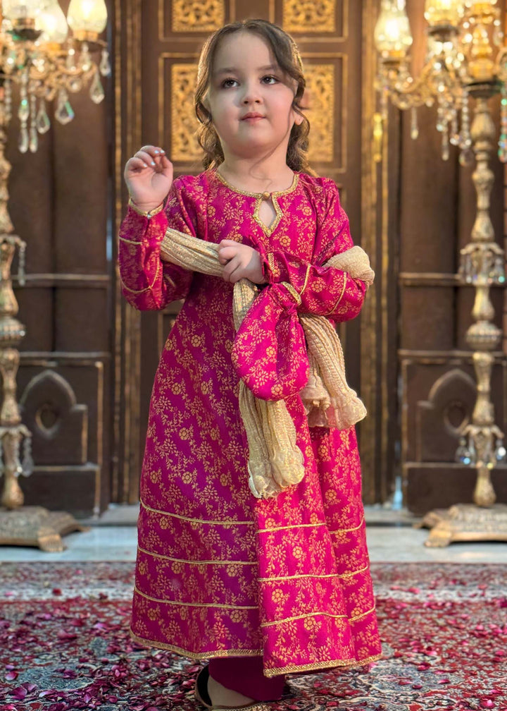 Modest - Rawsilk Printed Frock For Girl - Pink - 3 Piece