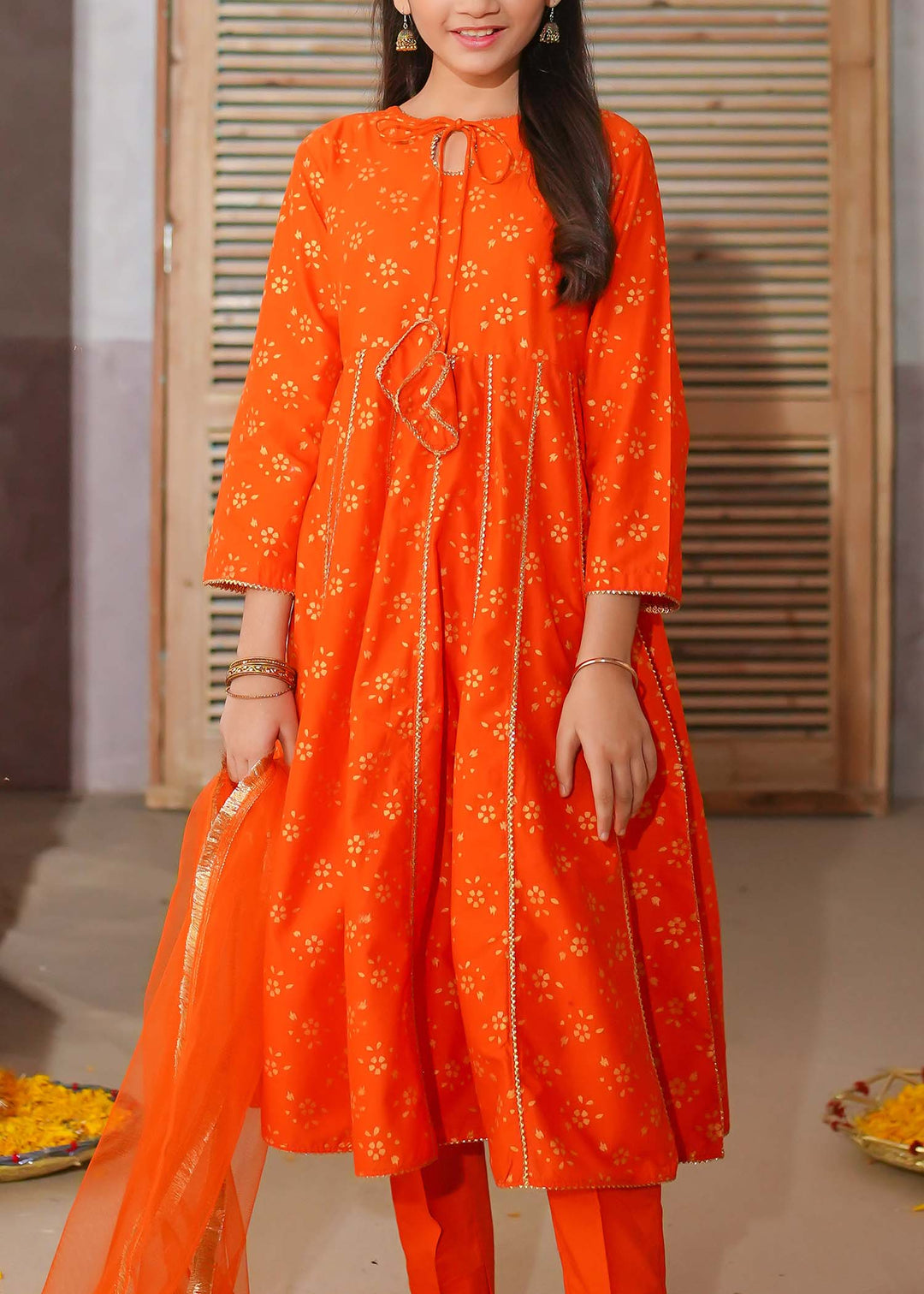 Modest - Printed Cotton Suit For Girl - Orange - 3 Piece