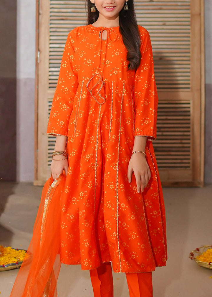 Modest - Printed Cotton Suit For Girl - Orange - 3 Piece