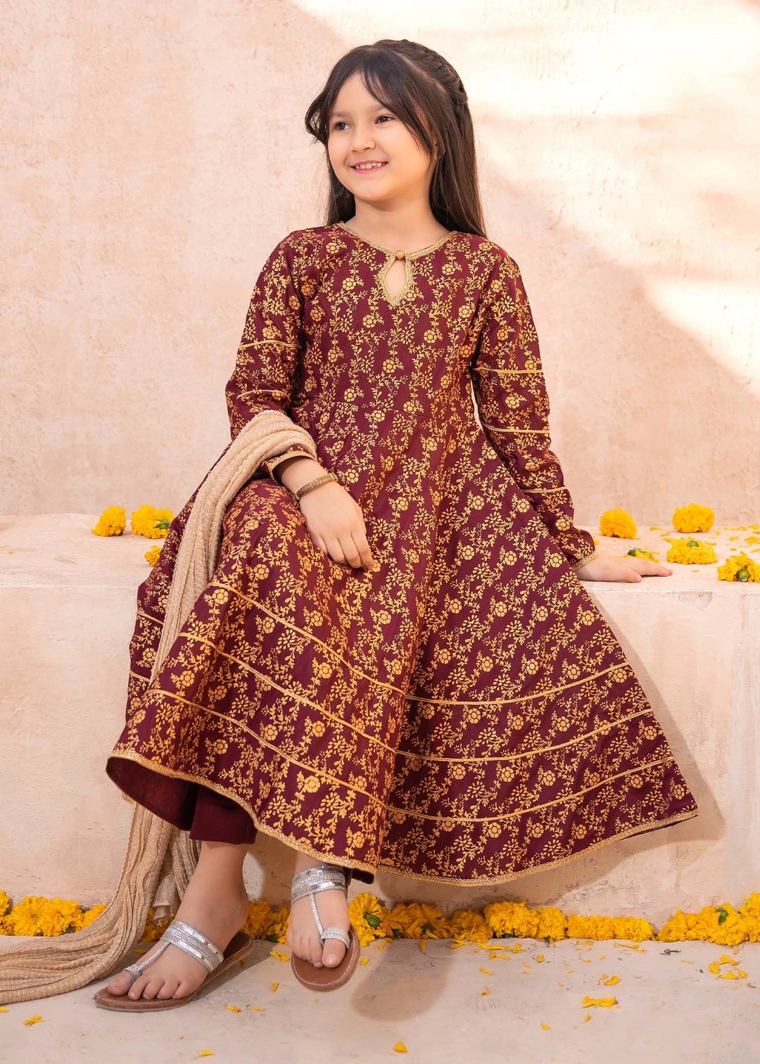 Modest - Rawsilk Printed Frock For Girl - Maroon - 3 Piece