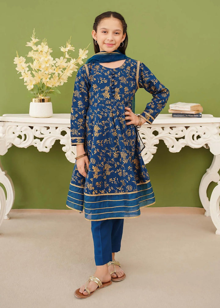 Modest - Cotton Printed Suit For Girl - Blue - 3 Piece
