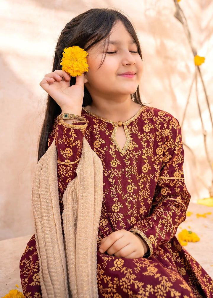 Modest - Rawsilk Printed Frock For Girl - Maroon - 3 Piece