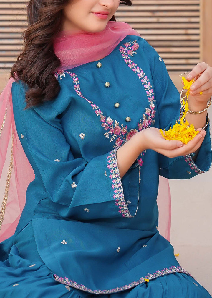 Modest - Rawsilk Embroidered Gharara Suit For Girl - Blue - 3 Piece