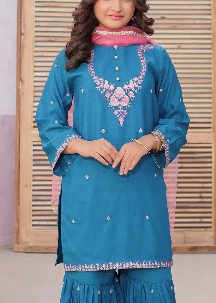 Modest - Rawsilk Embroidered Gharara Suit For Girl - Blue - 3 Piece