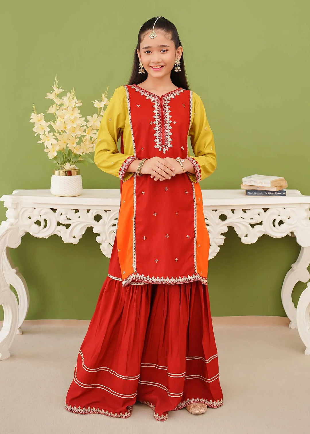 Modest - Rawsilk Embroidered Gharara For Girl - Multi - 3 Piece
