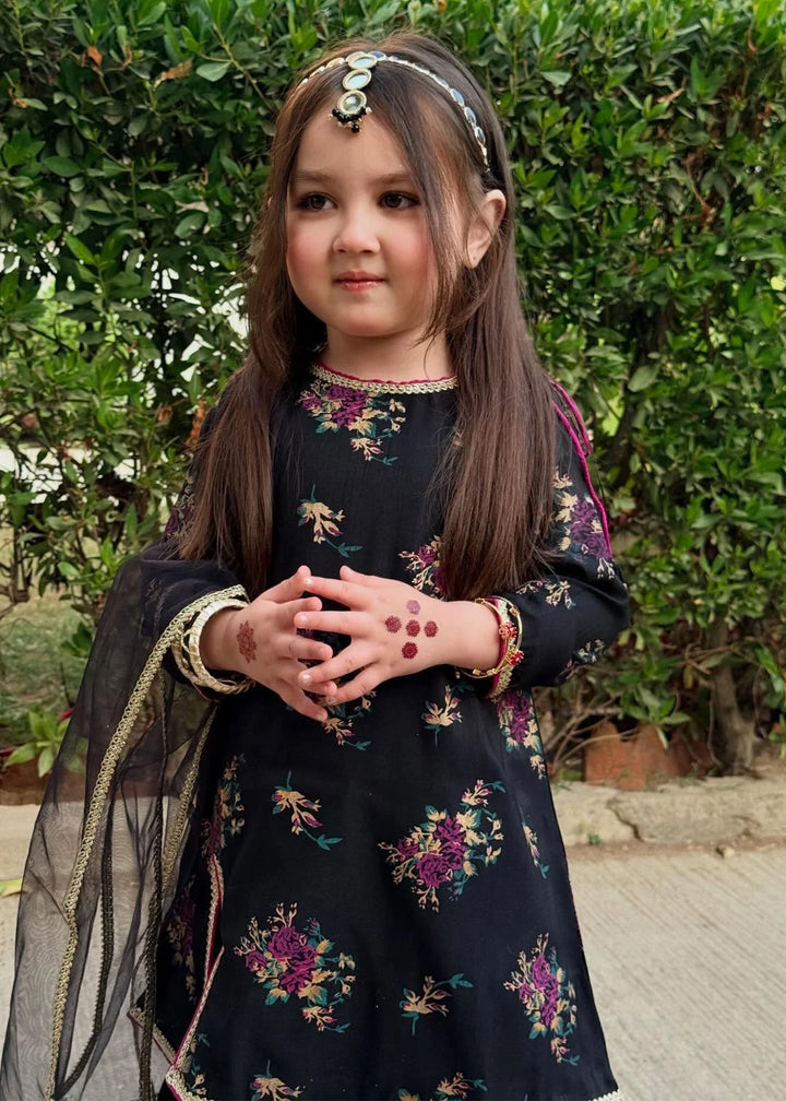 Modest - Printed Rawsilk Dress For Girl - Black - 3 Piece