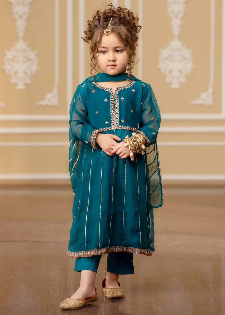 Modest - Embroidered Chiffon Suit For Girl - Teal Blue - 3 Piece
