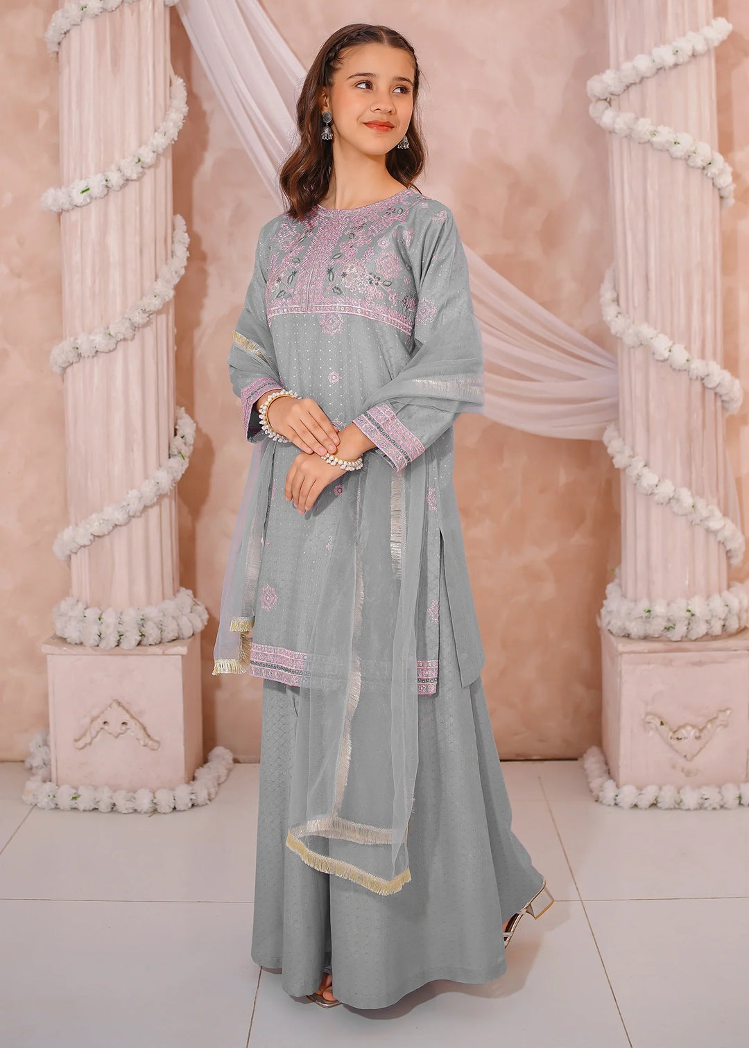 Modest - Cotton Lawn Embroidered Sharara For Girl - Grey - 3 Piece