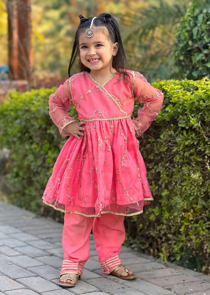 Modest - Embroidered Net Suit For Girl - Pink - 3 Piece