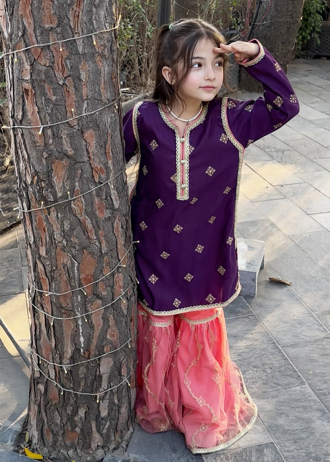 Modest - Rawsilk Embroidered Gharara For Girl - Purple - 3 Piece