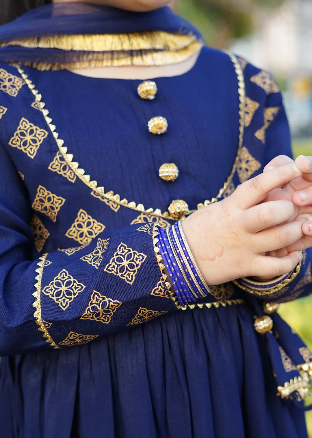 Modest 3 Piece Printed Rawsilk Frock Blue