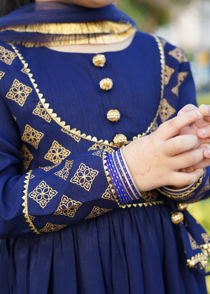 Modest 3 Piece Printed Rawsilk Frock Blue