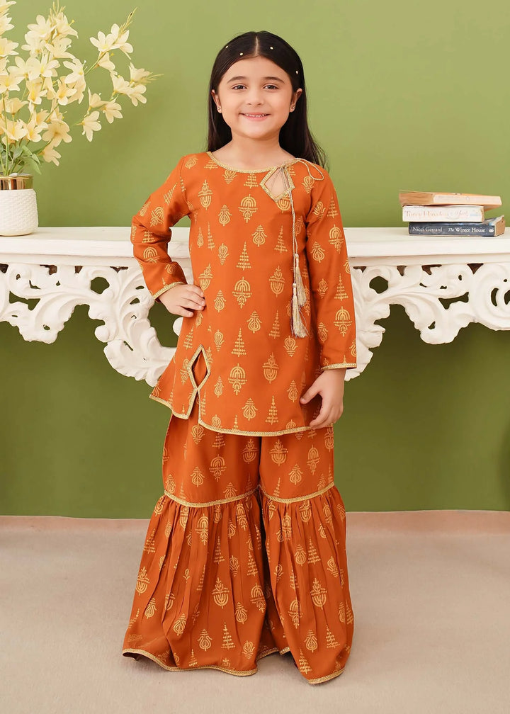 Modest - Cotton Printed Gharara For Girl - Mustard - 3 Piece