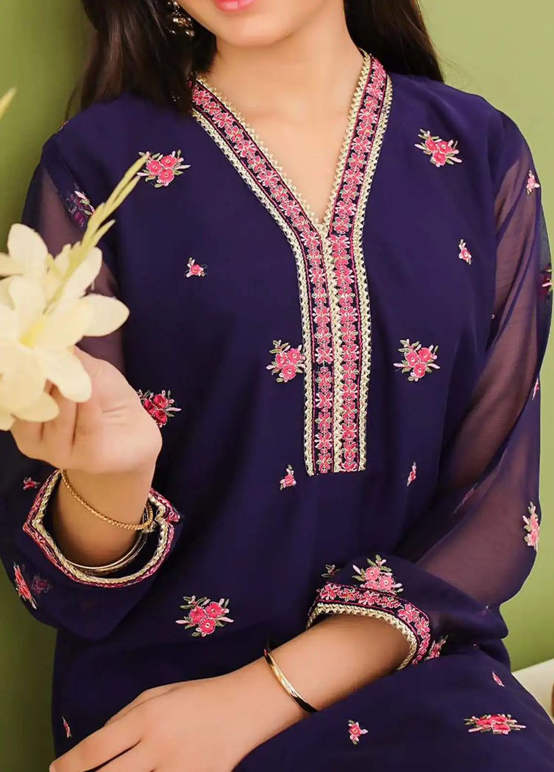 Modest - Chiffon Embroidered Suit For Girl - Blue - 3 Piece