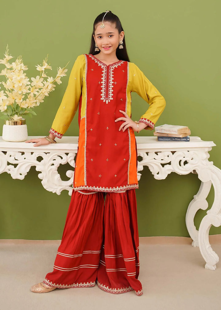Modest - Rawsilk Embroidered Gharara For Girl - Multi - 3 Piece