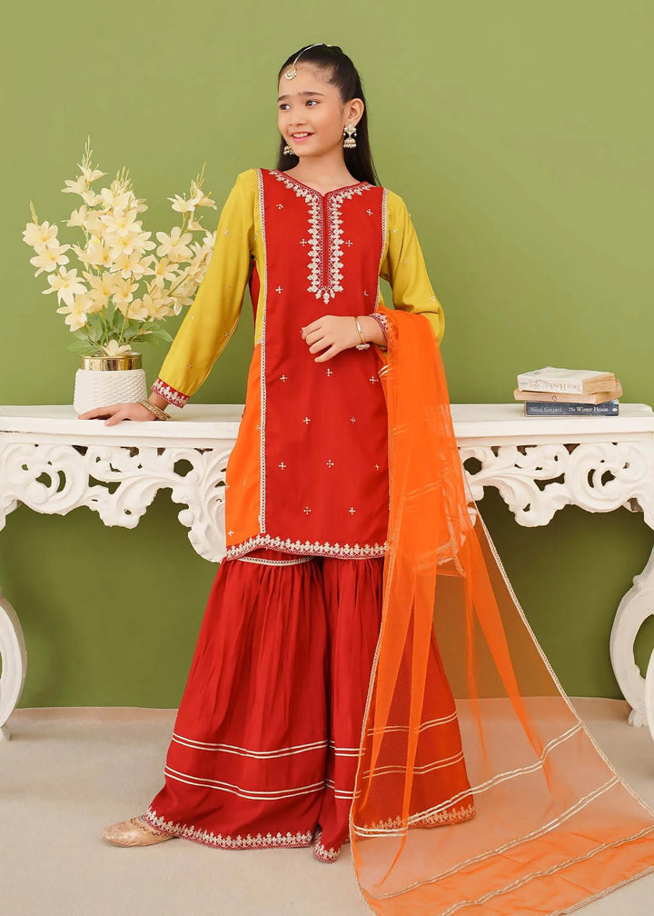 Modest - Rawsilk Embroidered Gharara For Girl - Multi - 3 Piece
