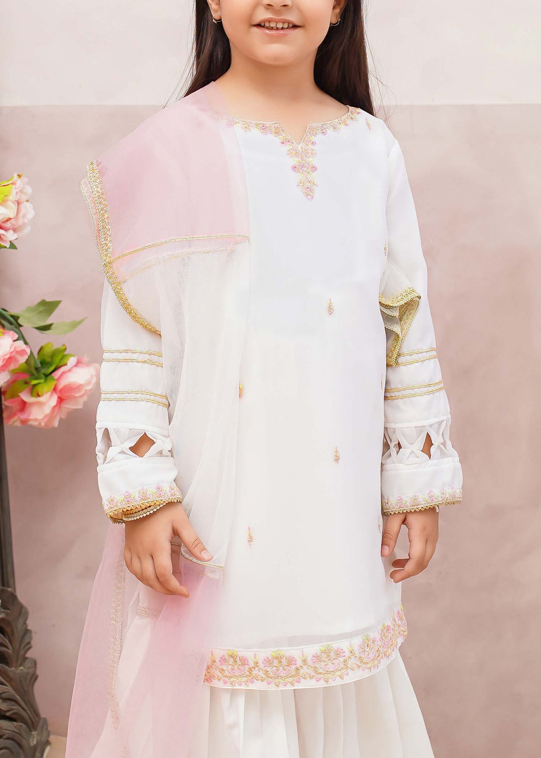 Modest - Chiffon Embroidered Gharara Suit For Girl - White - 3 Piece