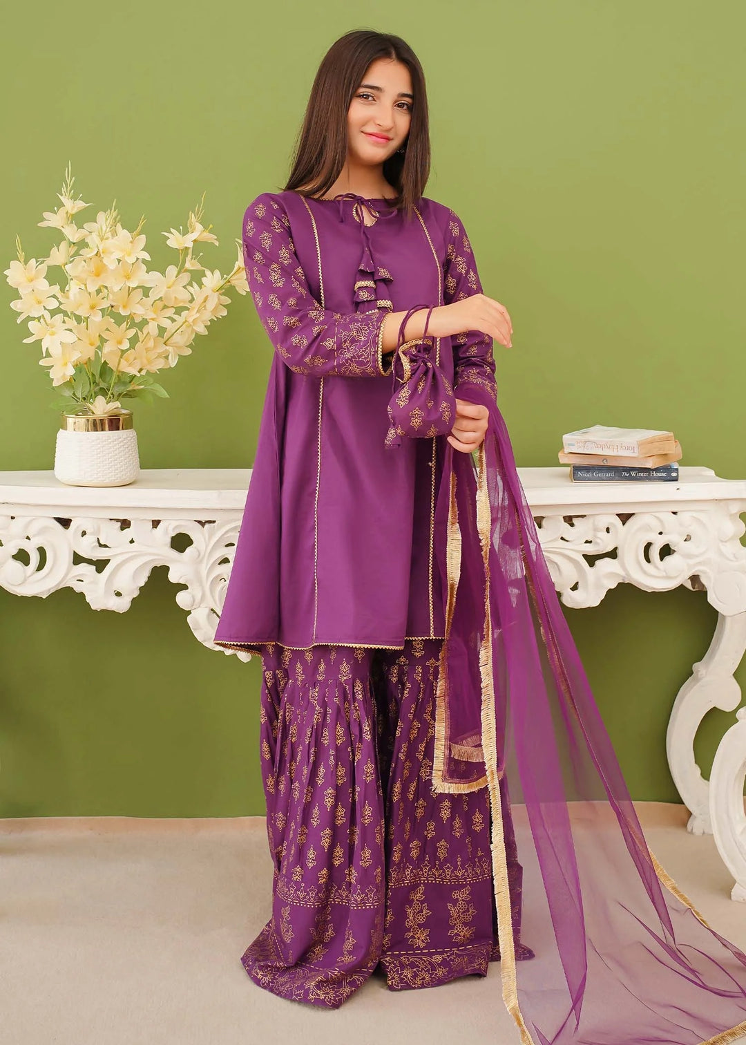 Modest - Cotton Printed Gharara For Girl - Purple - 3 Piece