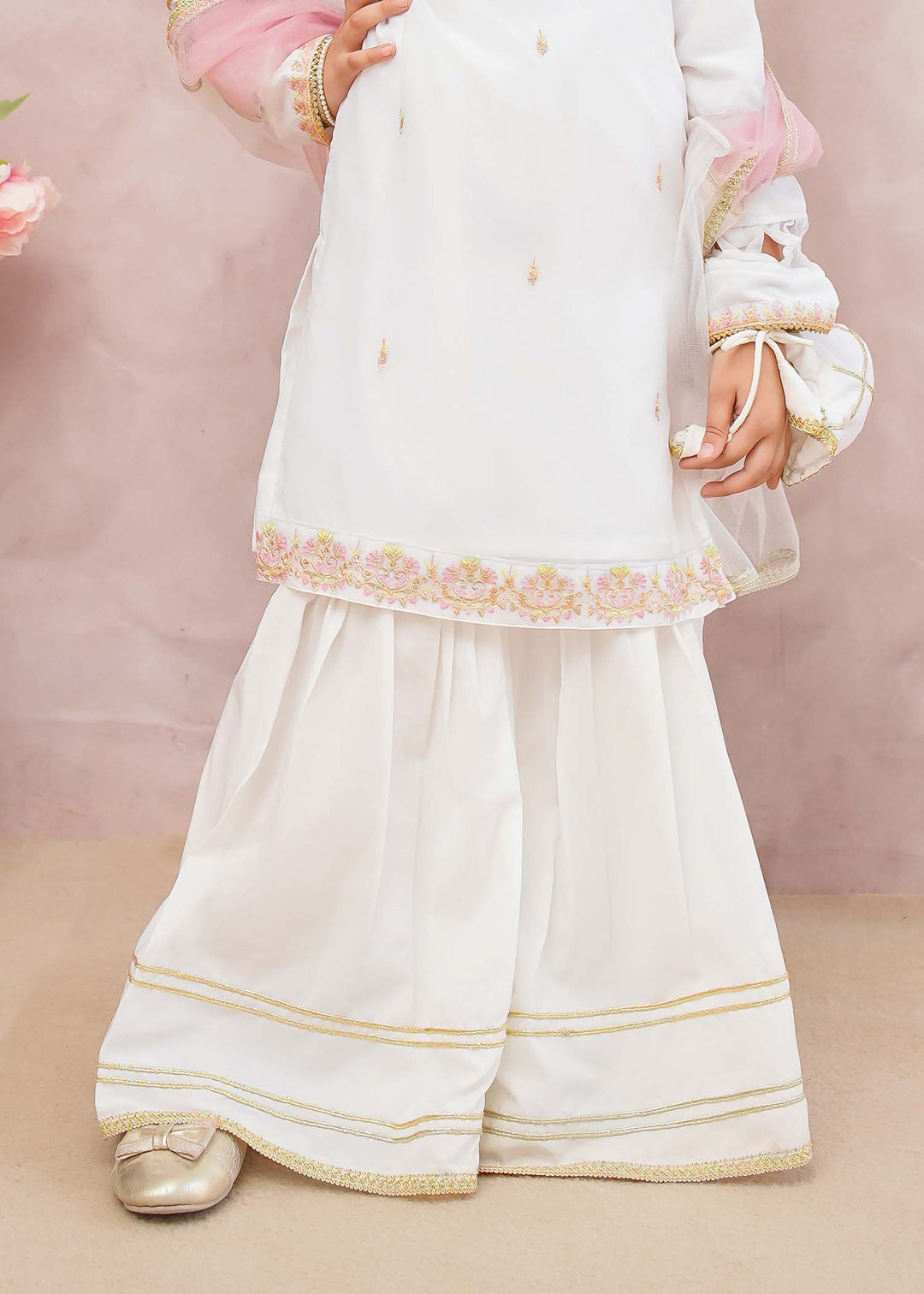 Modest - Chiffon Embroidered Gharara For Girl - White - 3 Piece