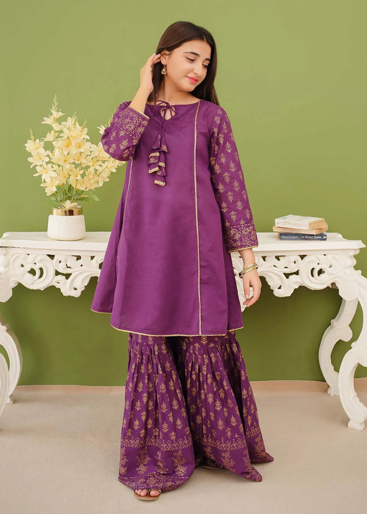 Modest - Cotton Printed Gharara For Girl - Purple - 3 Piece