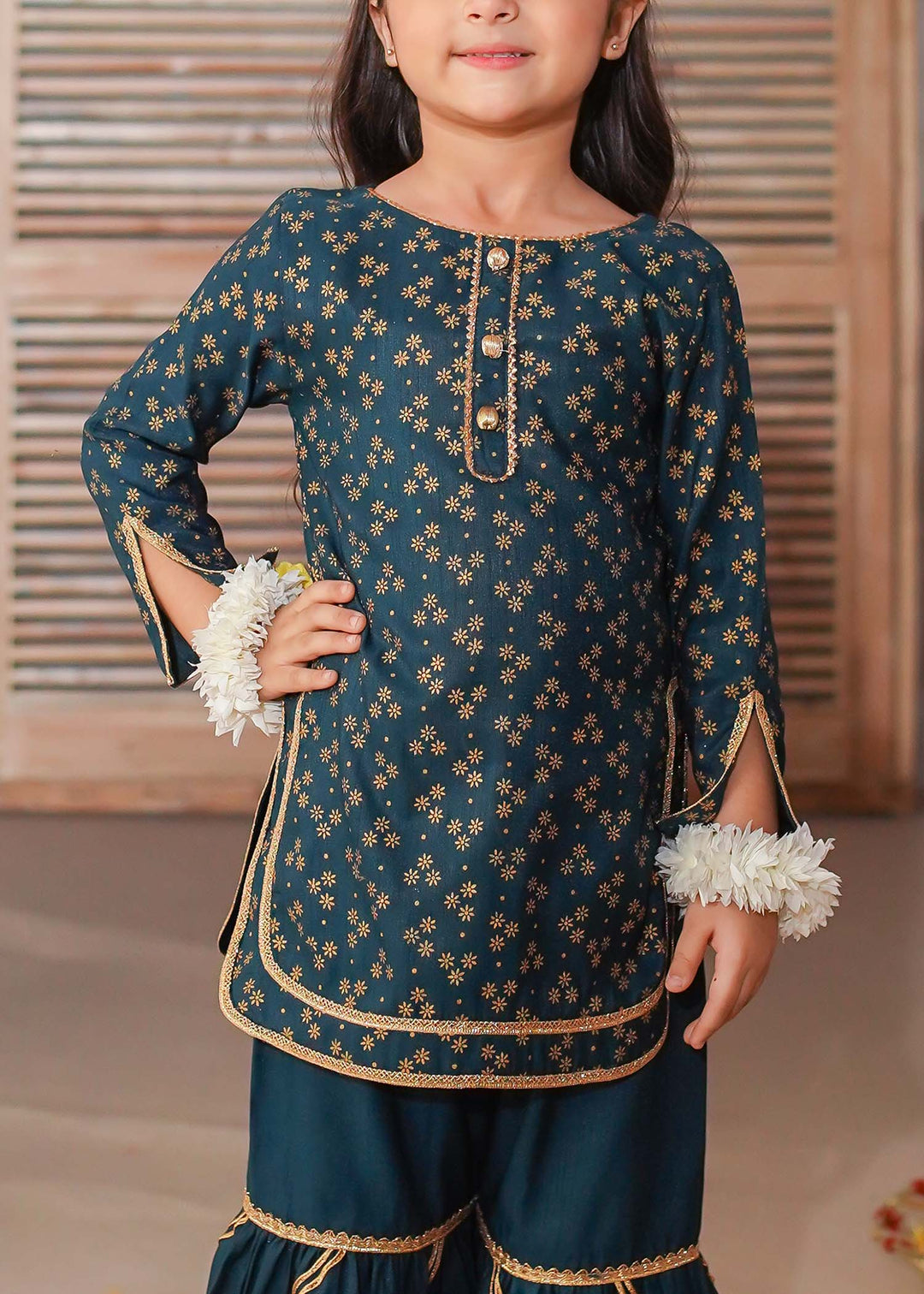 Modest - Rawsilk Printed Gharara Suit For Girl - Green - 3 Piece