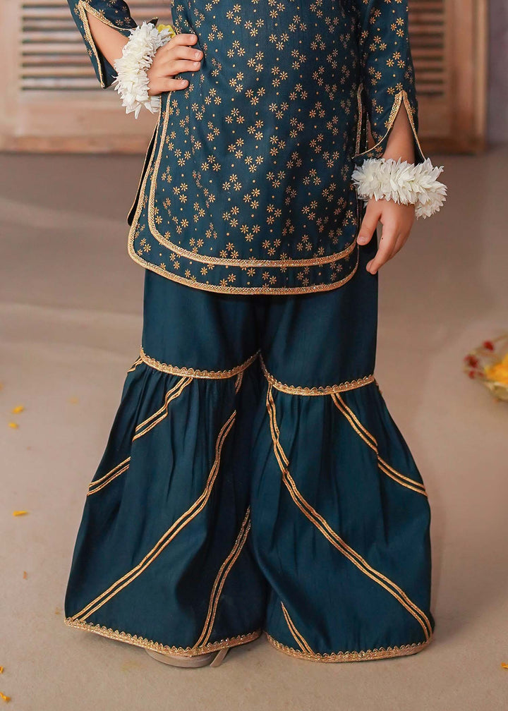 Modest - Rawsilk Printed Gharara Suit For Girl - Green - 3 Piece